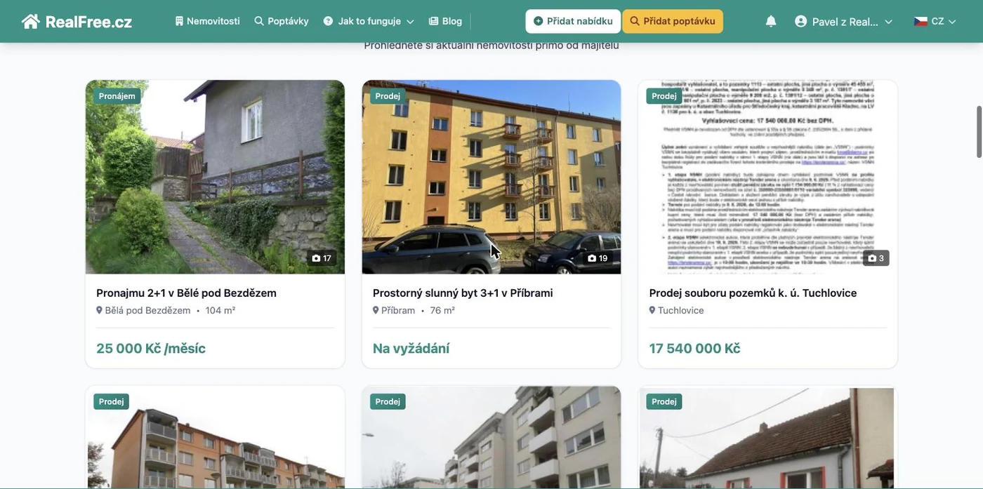 Aktuální nemovitosti přímo od majitelů — pronájem 2+1 Bělá pod Bezdězem, byt 3+1 Příbram, prodej souboru pozemků Tuchlovice