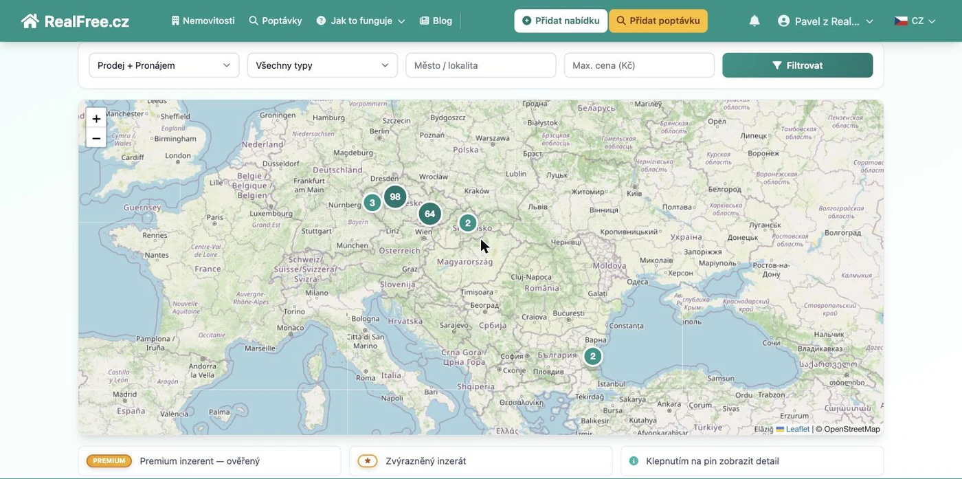 Mapa nemovitostí — 169 aktivních inzerátů zobrazených s clusteringem napříč ČR a SK