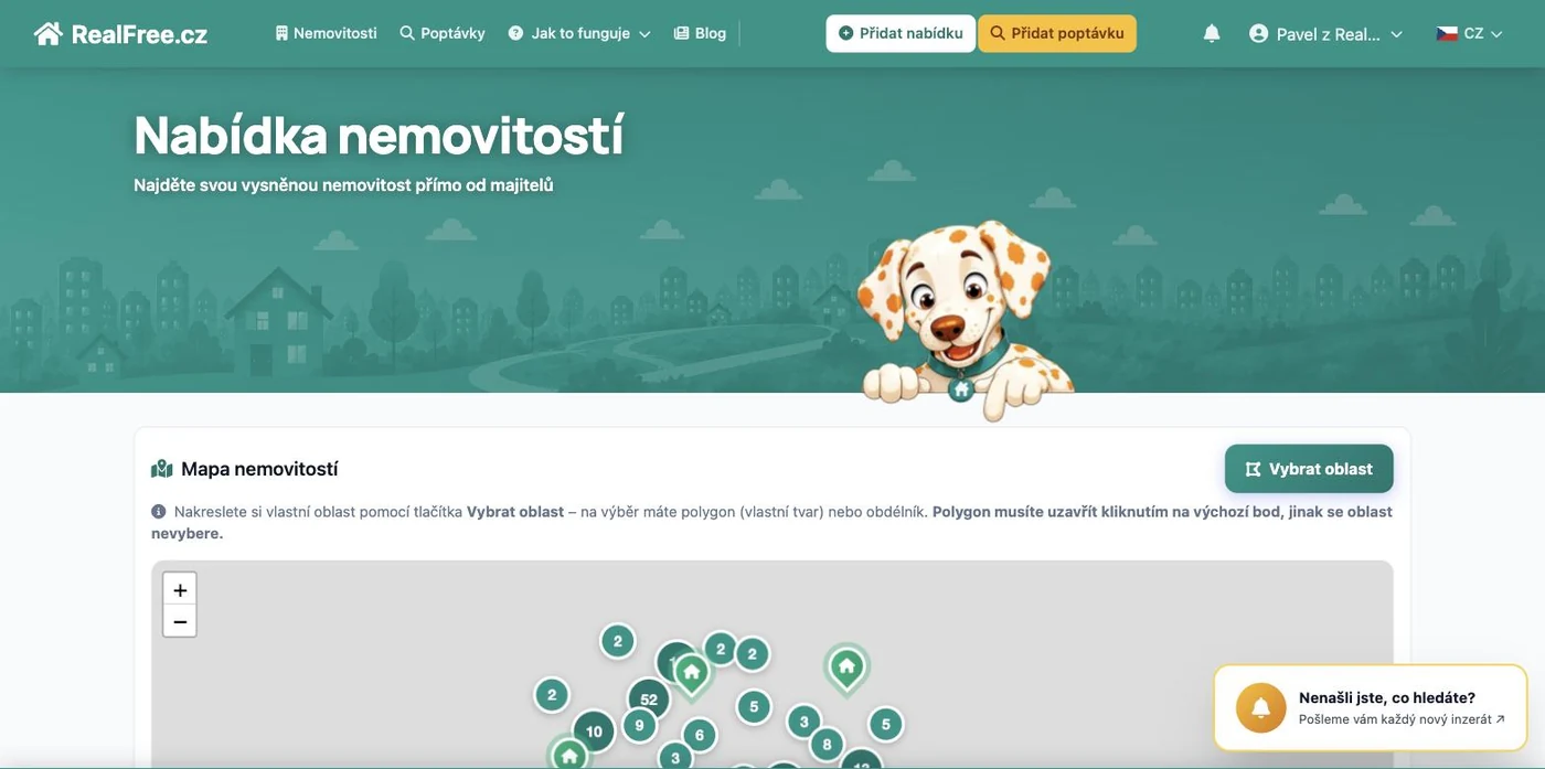 Stránka /nemovitosti — Nabídka nemovitostí s interaktivní mapou ČR a možností vybrat oblast polygonem