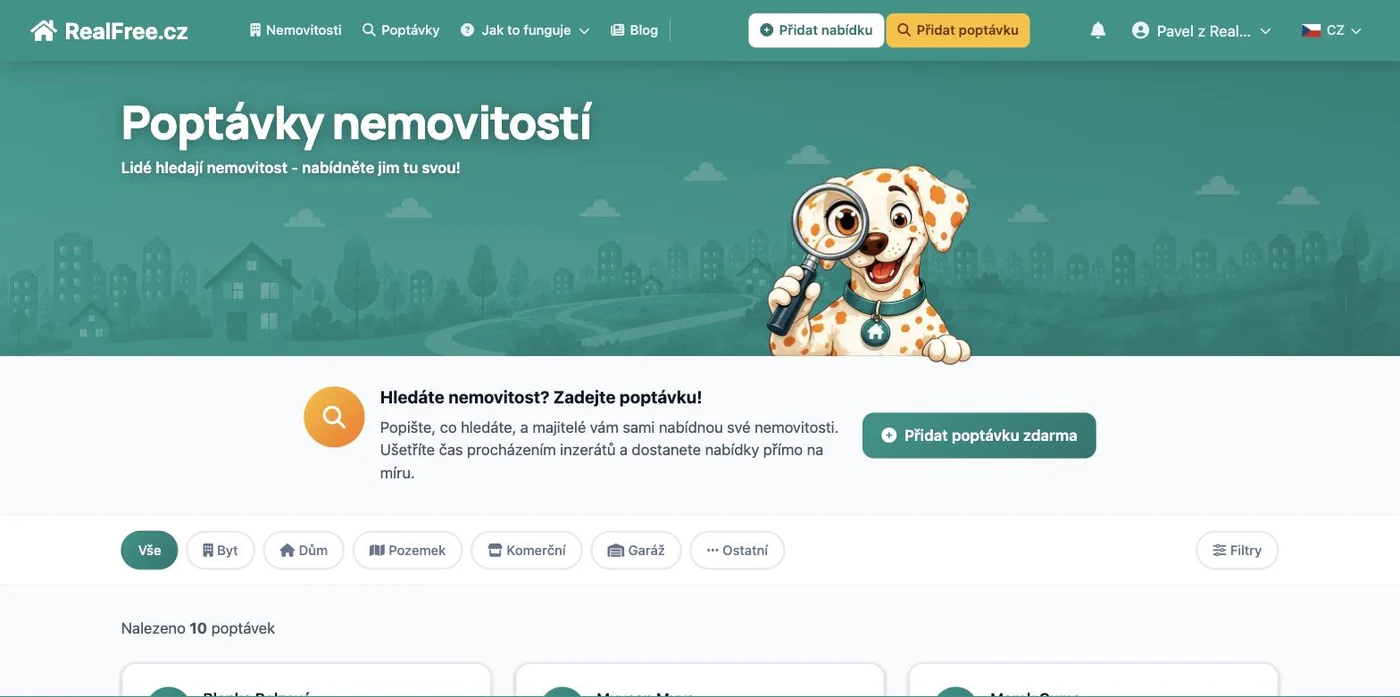 Stránka /poptavky — Lidé hledají nemovitost, nabídněte jim tu svou. Inverzní marketplace