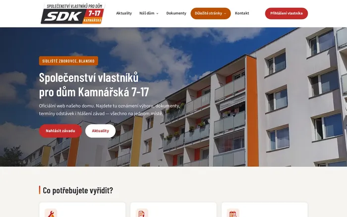 SVJ Kamnářská 7-17 — web bytového domu s účty vlastníků