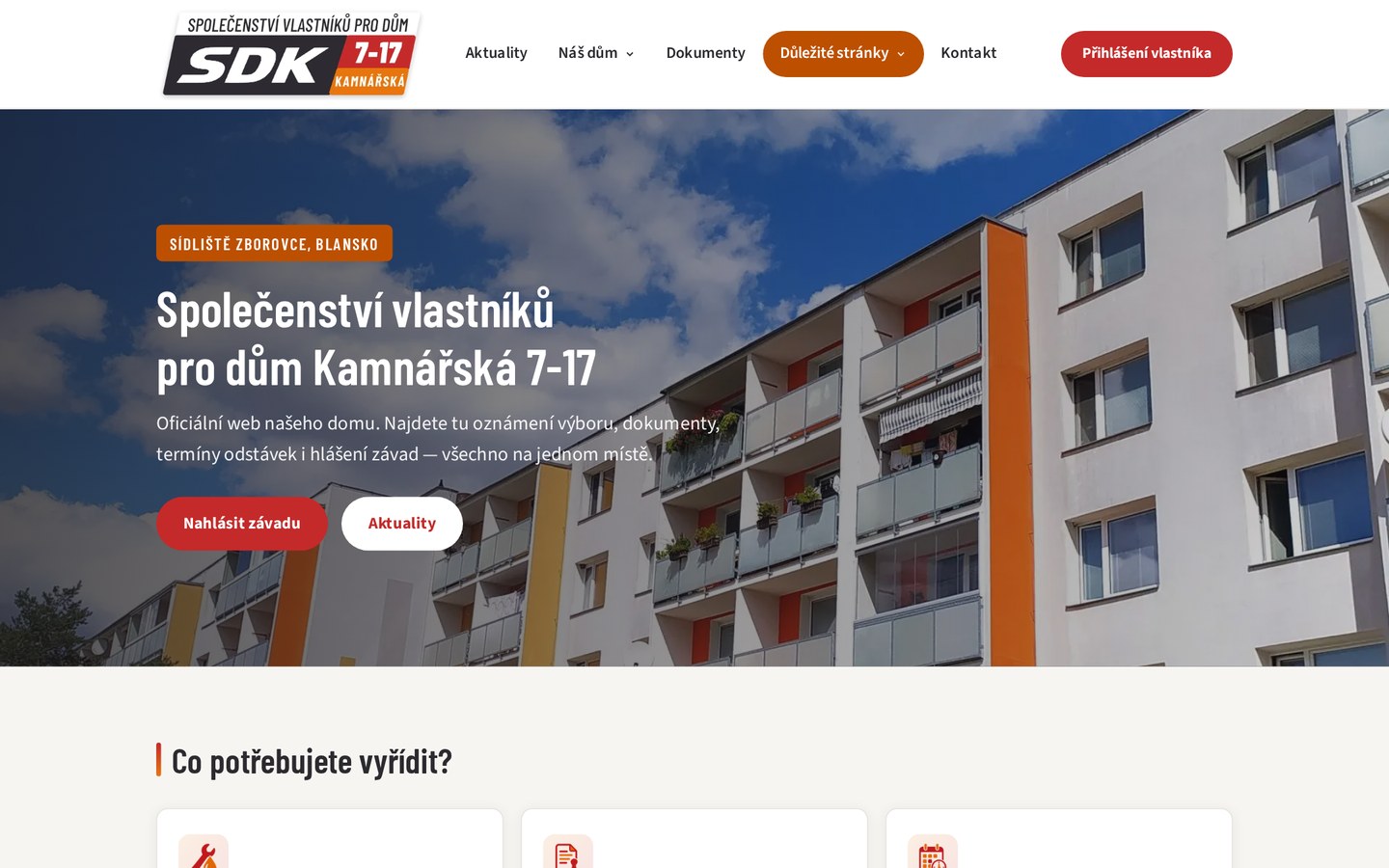 SVJ Kamnářská 7-17 — web bytového domu s účty vlastníků