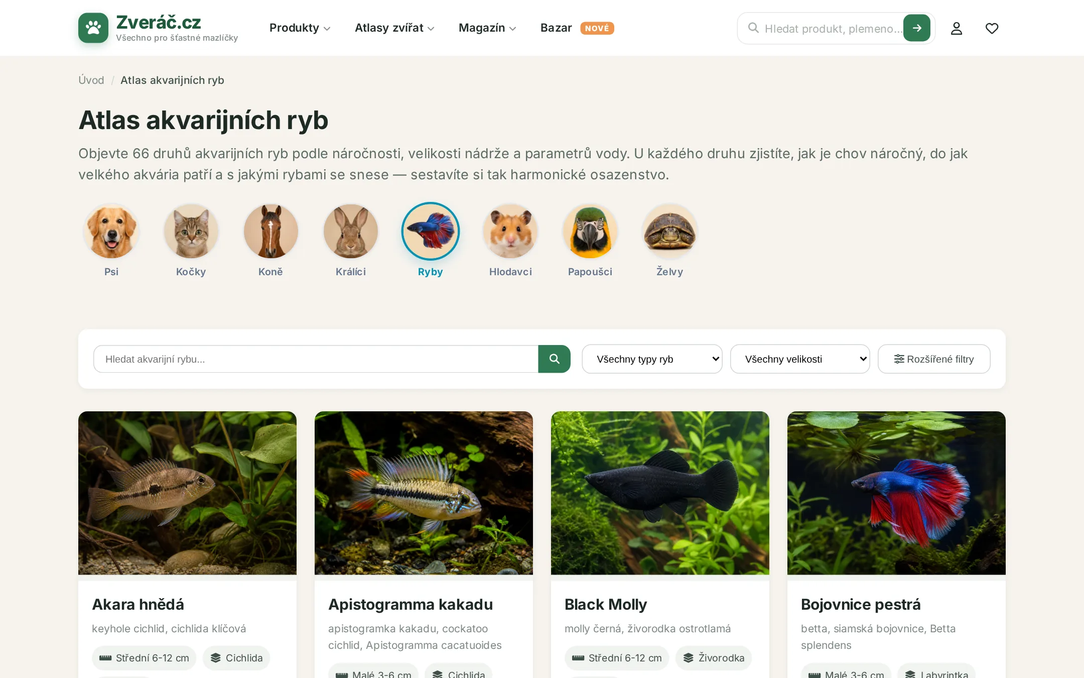 Atlas akvarijních ryb — přehled druhů s filtrem podle typu akvária a náročnosti