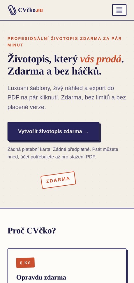 CVčko.eu – životopis online zdarma na mobilu