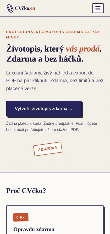 CVčko.eu – životopis online zdarma na mobilu
