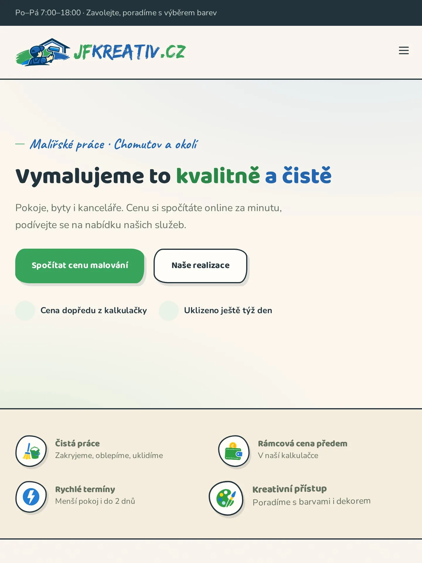 JFKreativ.cz – malířské práce s online kalkulačkou na tabletu