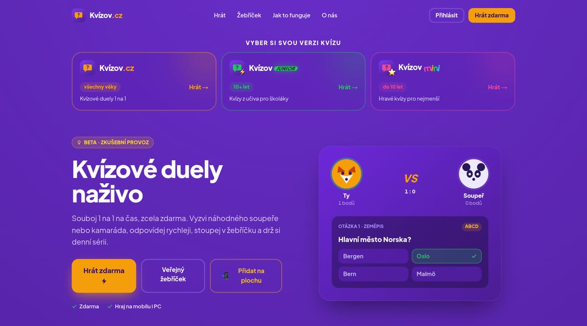 Kvízov.cz – kvízové duely 1 na 1 naživo na počítači