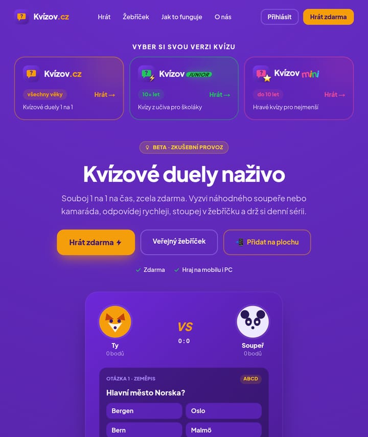 Kvízov.cz – kvízové duely 1 na 1 naživo na tabletu
