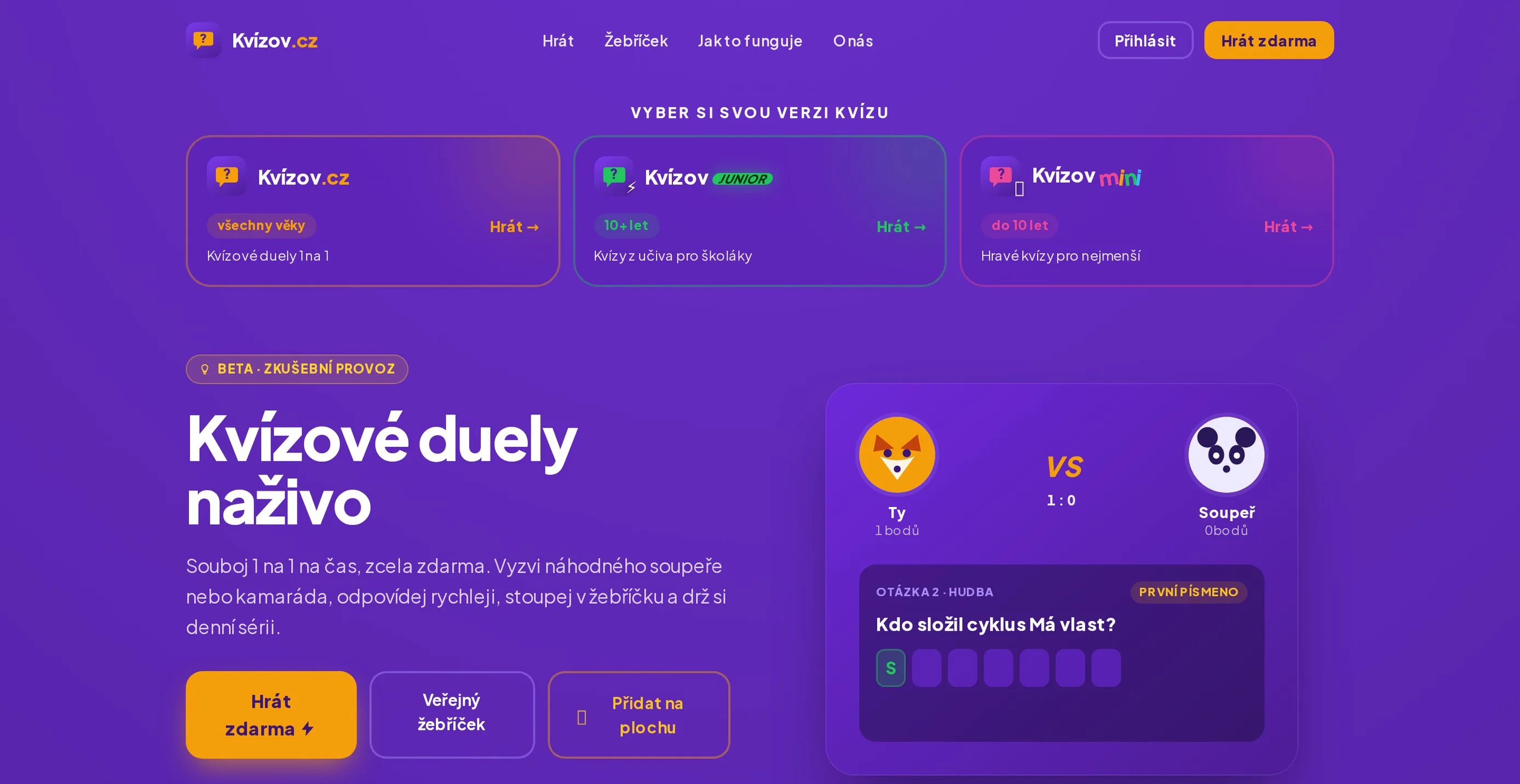 Kvízov.cz – kvízové duely 1 na 1 naživo na počítači