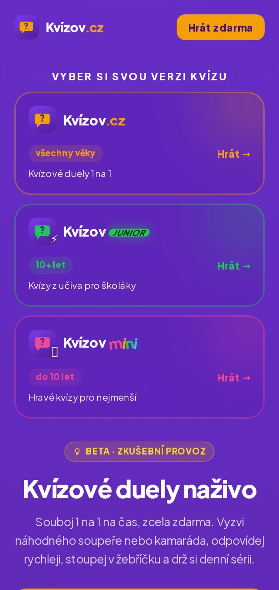 Kvízov.cz – kvízové duely 1 na 1 naživo na mobilu