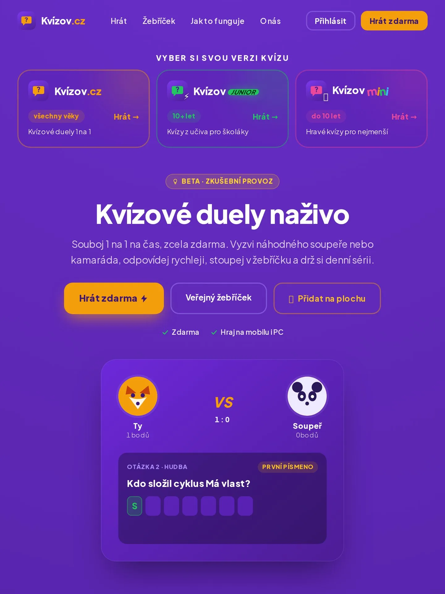 Kvízov.cz – kvízové duely 1 na 1 naživo na tabletu