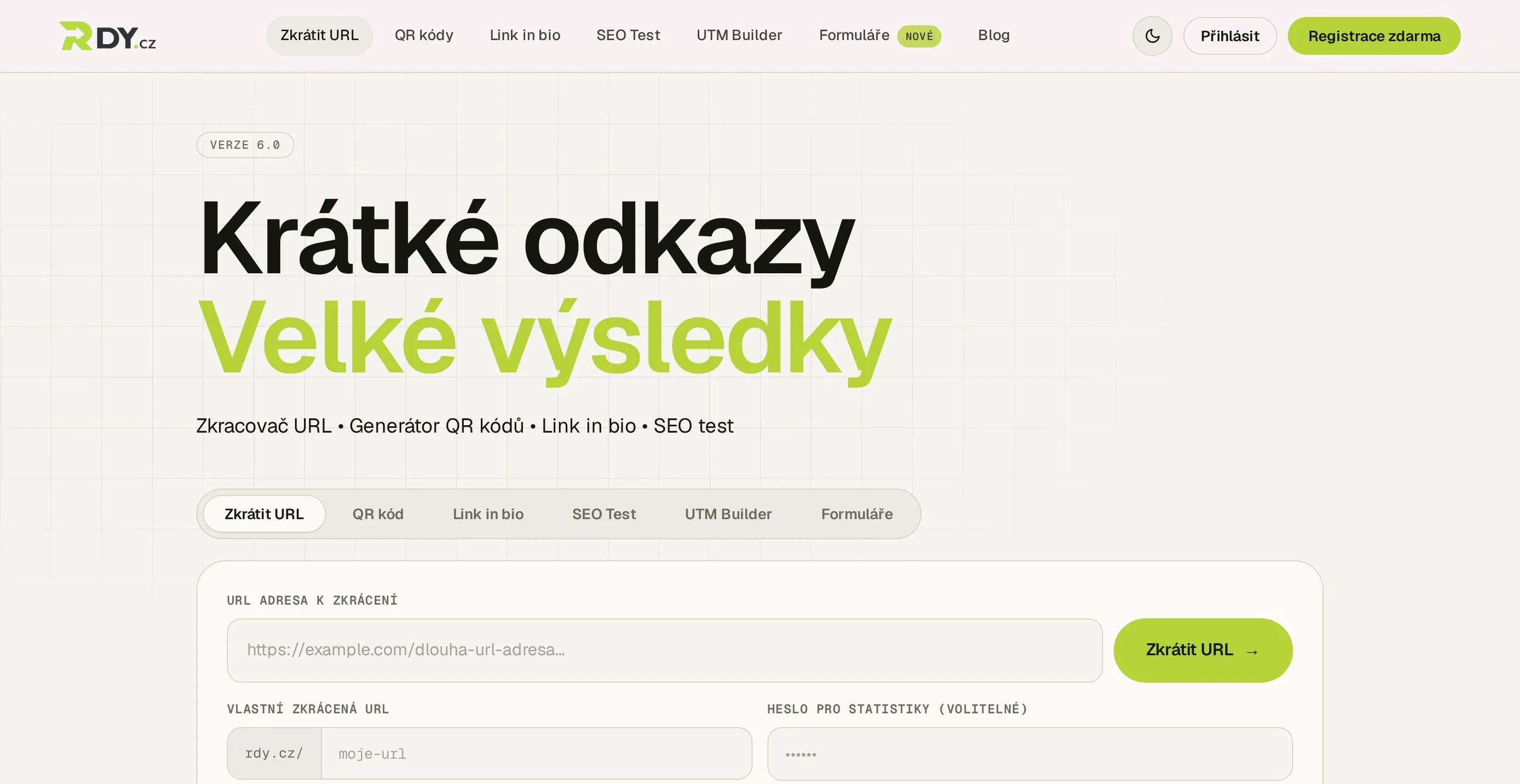 RDY.cz - Zkracovač URL & QR kódy, Link in Bio, SEO test na počítači