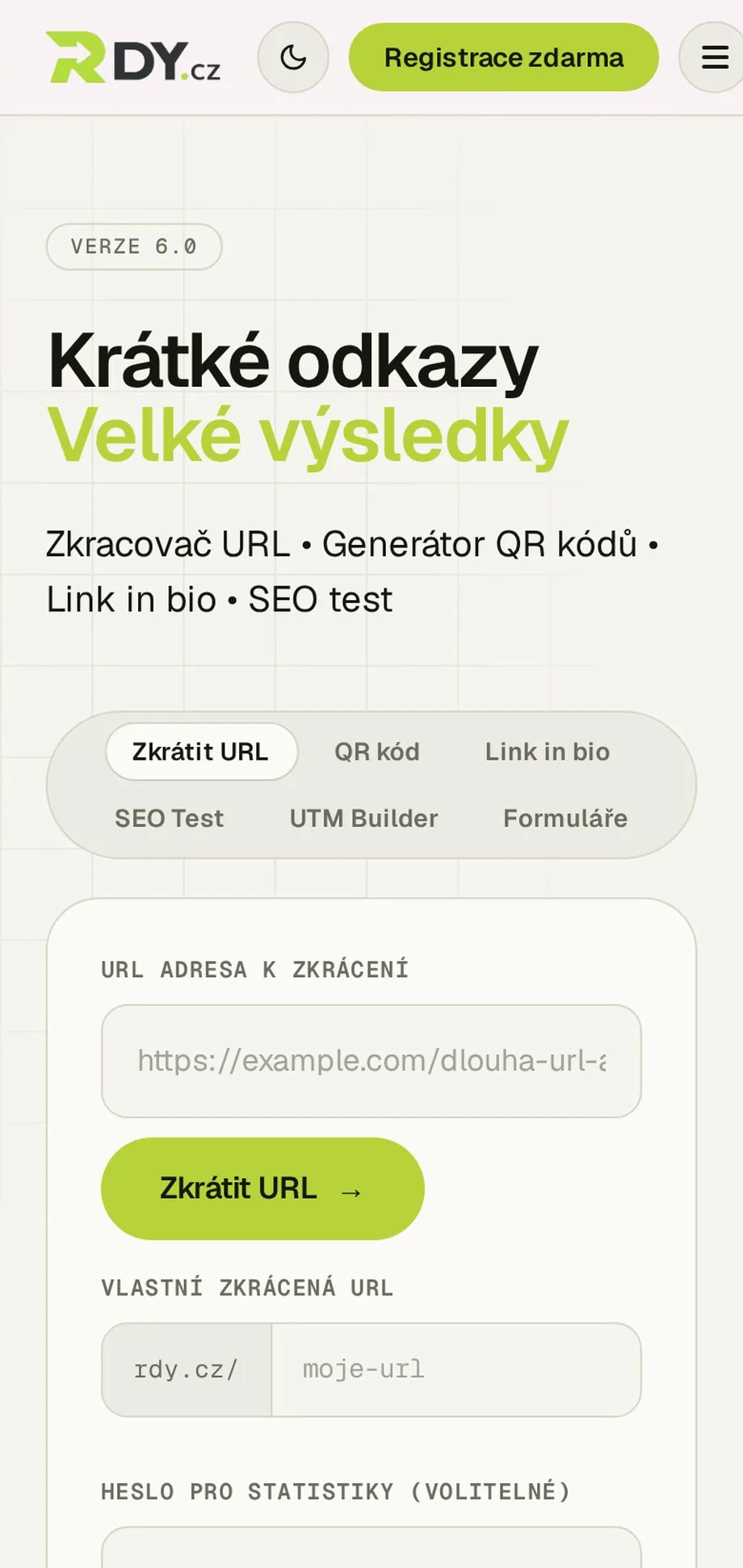 RDY.cz - Zkracovač URL & QR kódy, Link in Bio, SEO test na mobilu