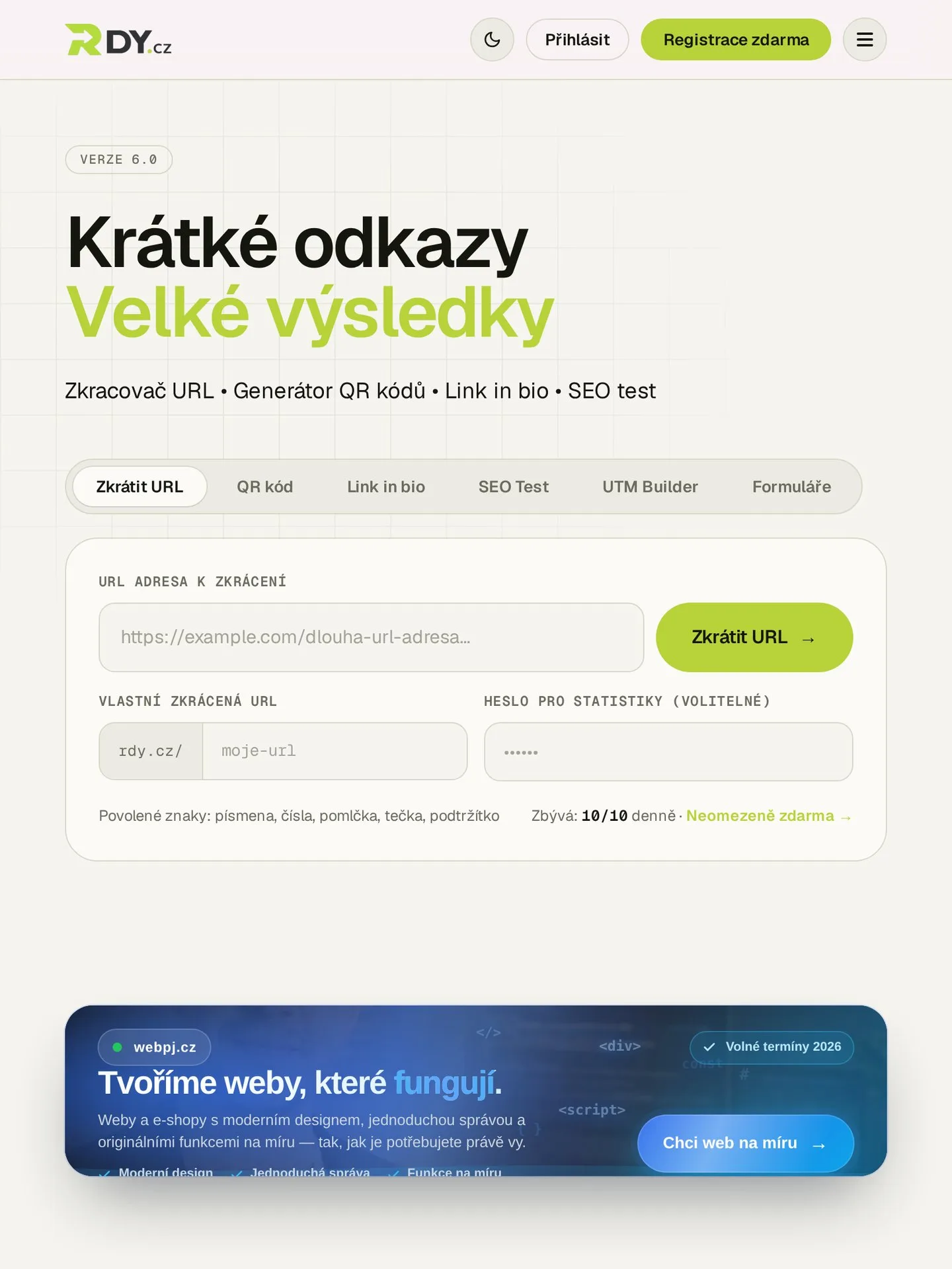 RDY.cz - Zkracovač URL & QR kódy, Link in Bio, SEO test na tabletu