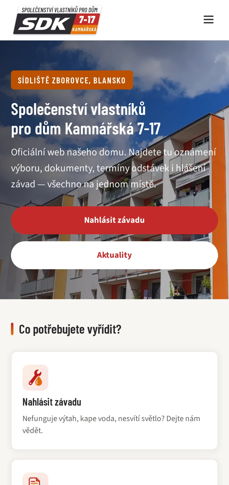 SVJ Kamnářská 7-17 — web bytového domu s účty vlastníků na mobilu