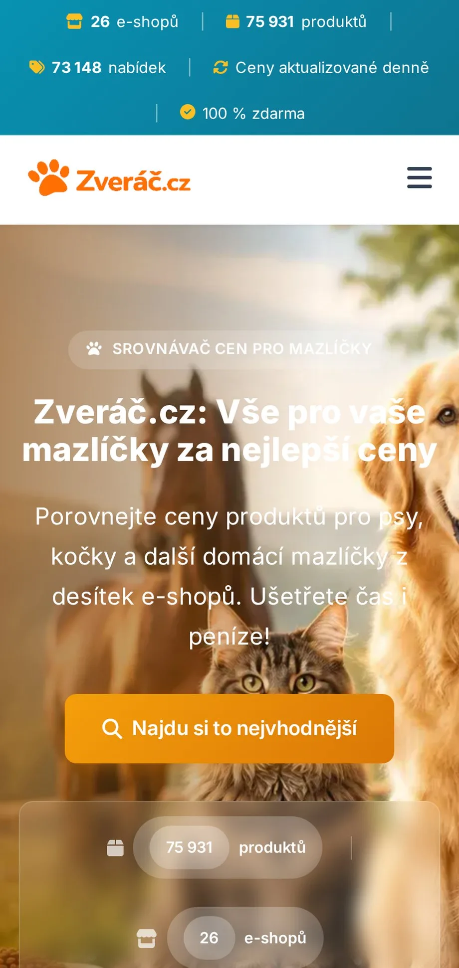 Zvěrač.cz - Srovnávač cen pro mazlíčky na mobilu