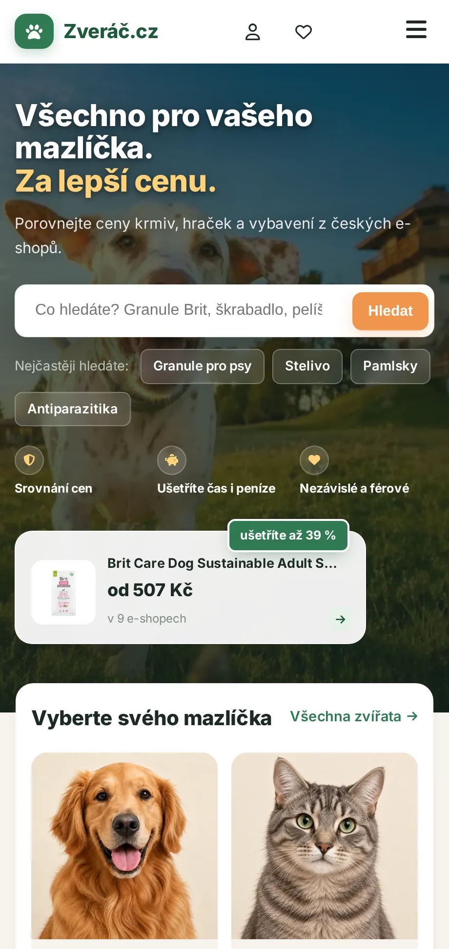 Zvěrač.cz - Srovnávač cen pro mazlíčky na mobilu