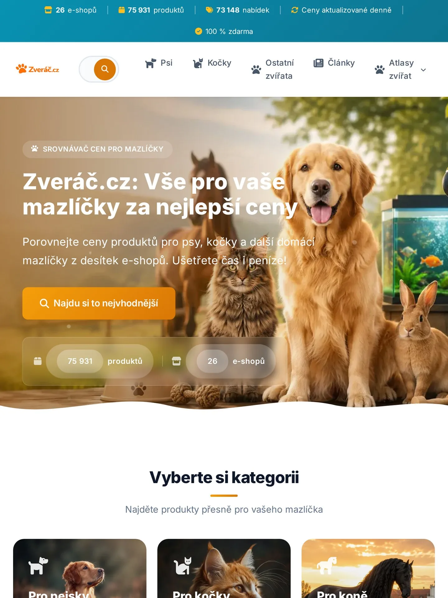 Zvěrač.cz - Srovnávač cen pro mazlíčky na tabletu