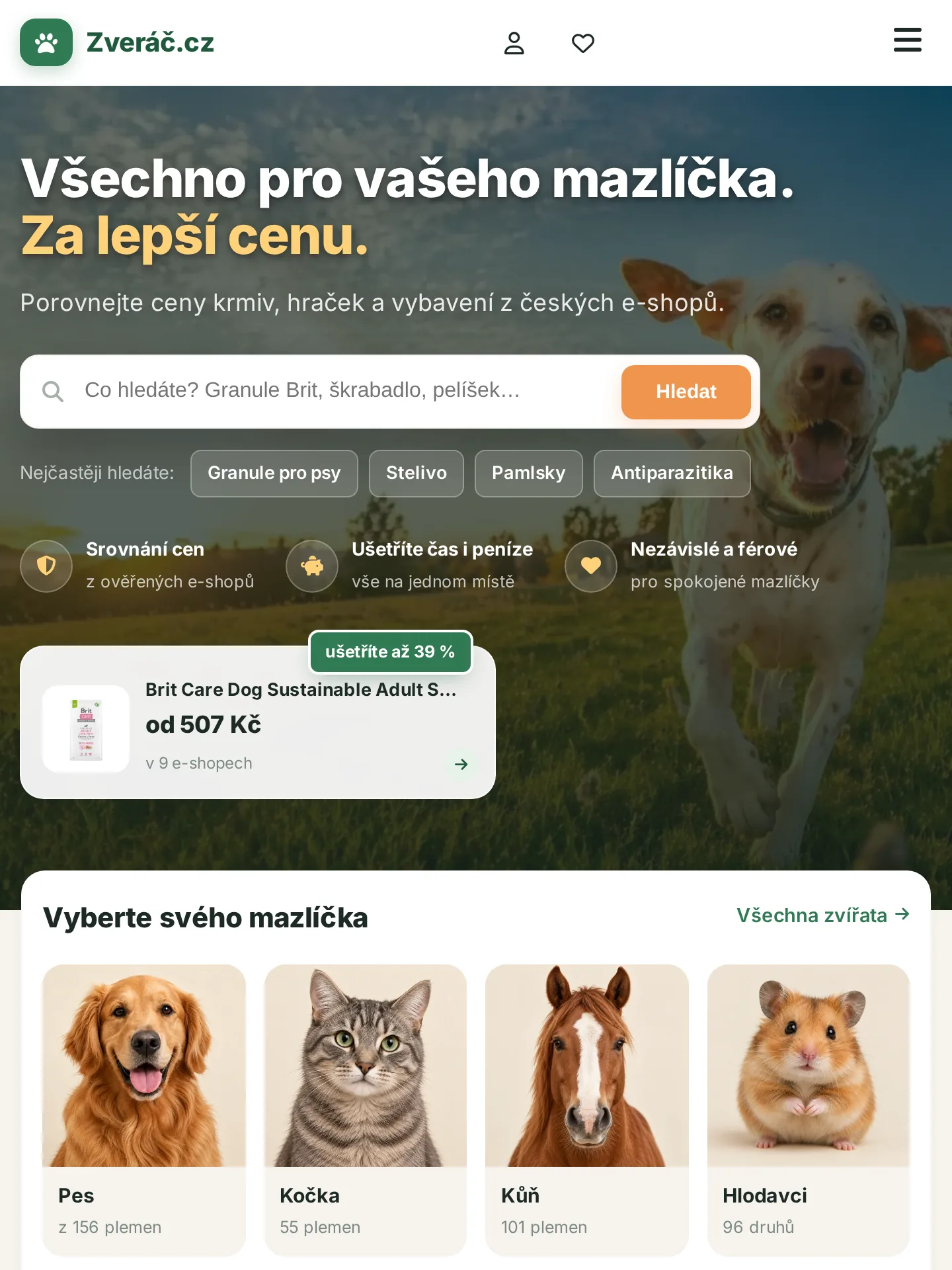 Zvěrač.cz - Srovnávač cen pro mazlíčky na tabletu